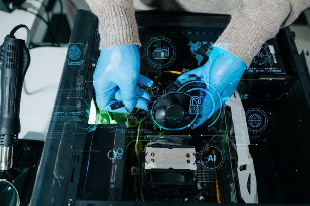 特写：技术人员戴着手套，在台式电脑上方拿着CPU散热器和热风枪。适用于计算机维修、散热系统和硬件。 

Analysis:
The translation is accurate and professional. The terms图片下载