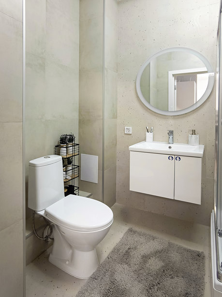 现代浴室内部，配有马桶。竖幅照片。图片下载