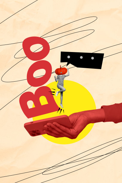 独家图片，艺术波普风格拼贴画，一个没有头、脑袋是南瓜的女孩，手持手机，写着“Boo”，万圣节主题派对。图片下载