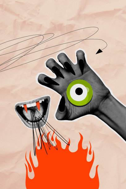 人类的嘴巴、牙齿、吸血鬼尖叫、火焰、人手、诡异万圣节假日眼球的素描竖幅照片拼贴。图片下载