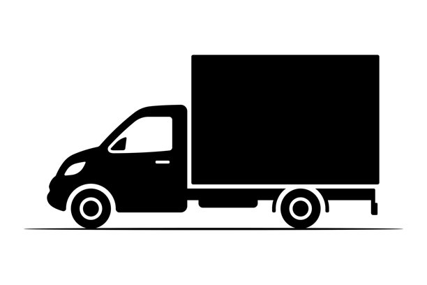 货车图标。快递卡车。黑色剪影。侧视图。矢量简约平面图形插画。白色背景上孤立的物体。孤立。图片下载
