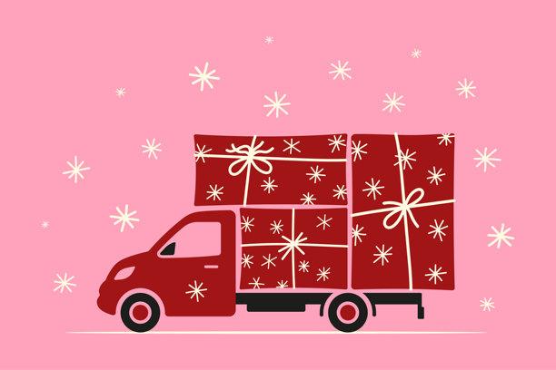 载有礼品盒的货车。彩色剪影。侧视图。矢量简约扁平图形插画，手绘。孤立在粉红色背景上的物体。图片下载