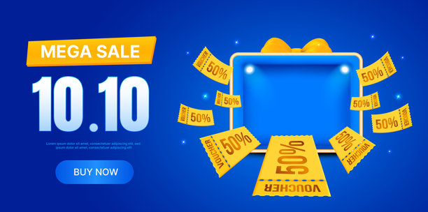 10.10 超级促销活动宣传横幅，带有漂浮的黄色折扣券，提供50%的折扣，背景为发光的蓝色，并配有带丝带的礼品盒。3D矢量插画图片下载