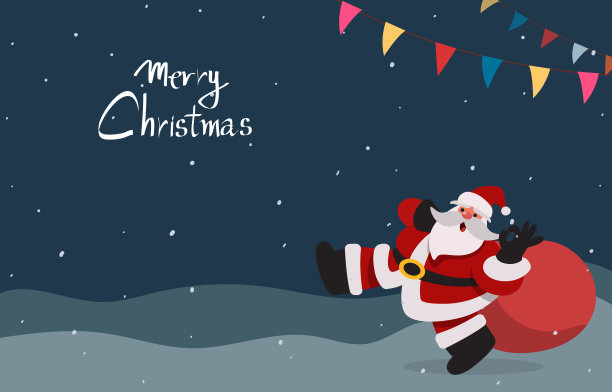 圣诞老人背着礼物袋在雪夜中行走，背景有彩虹包装纸的矢量插画。图片下载