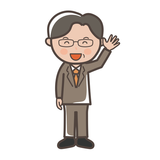 一位戴眼镜的中年男商人的全身插画，他面带微笑地打着招呼。图片下载
