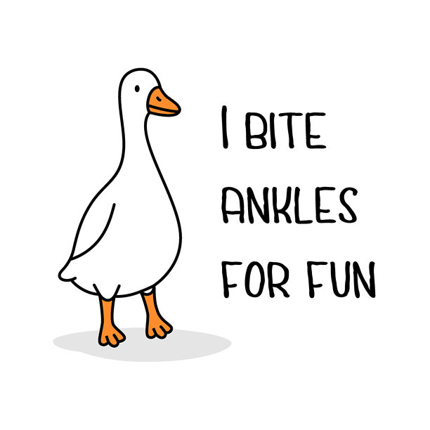 卡通鹅插画，配文“我咬脚踝寻开心”。一只有趣的淘气鸟在白色背景上。图片下载