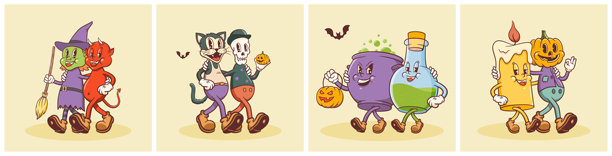 复古万圣节人物套装。卡通南瓜、恶魔、女巫、猫、坩埚和骷髅。矢量秋季节日吉祥物模板。快乐复古酷炫恐怖角色插画，孤立。图片下载