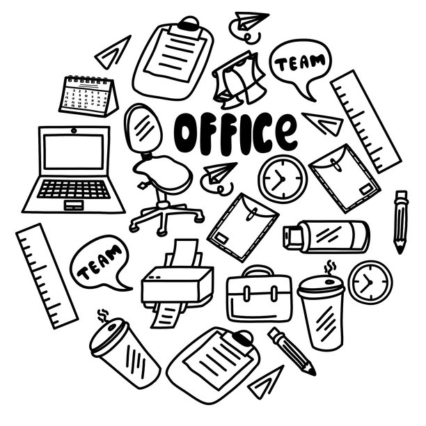 办公室用品涂鸦集。办公用品：笔记本电脑、打印机、台灯、计算器、电话、日历，手绘风格。图片下载