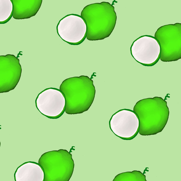 软绿色背景上的椰子水彩无缝图案，旋转模式图片下载