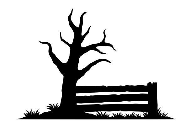 老旧栅栏、树木和草地图标。围栏。黑色剪影。正面视图。矢量简约扁平手绘插画。白色背景上的独立对象。隔离。图片下载