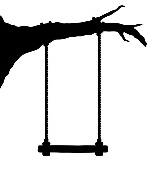 树枝上的秋千。黑色剪影。正面视图。矢量简约扁平手绘插画。孤立在白色背景上的物体。分离。图片下载