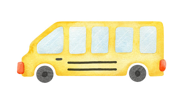 黄色的校车。儿童风格的手绘水彩插画，孤立。儿童交通素材，用于海报、儿童用品、纺织品、相册、文具。图片下载