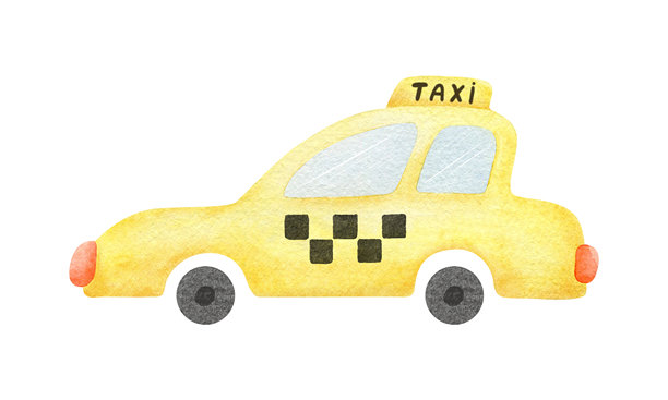 带格子条纹的黄色出租车。儿童风格的手绘水彩插画，孤立的。城市交通，适用于婴儿派对卡、海报、儿童用品、纺织品、相册、服装。图片下载
