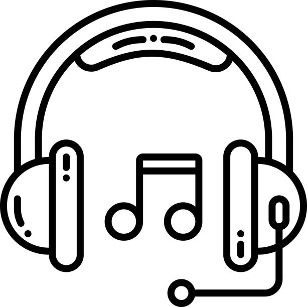 耳机和音符符号的黑白线条艺术插画。图片下载