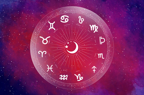 矢量插画：十二星座符号在美丽的彩色星空背景中的西方占星圈。图片下载