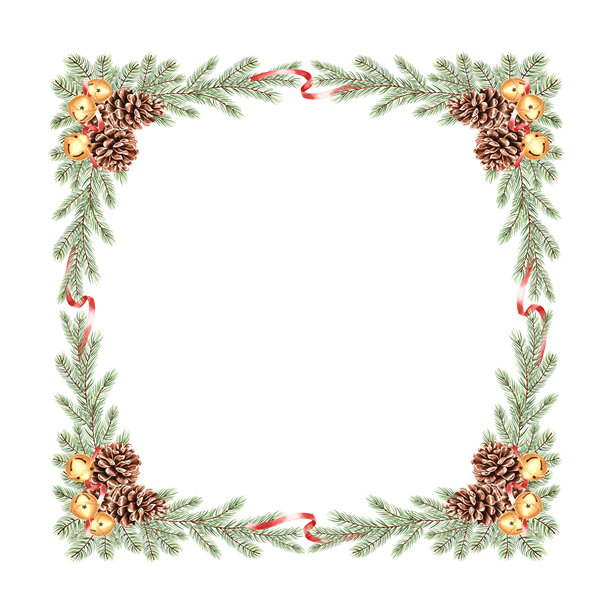 针叶树枝，带有松果和蝴蝶结的圆形铃铛，水彩画。手绘圣诞节边框。松树或冷杉枝插画，孤立。用于冬季贺卡的针叶植物。带有复制空间的模板。图片下载