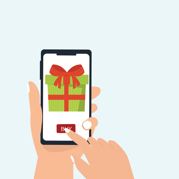手持智能手机，屏幕上显示礼品盒，在线订购礼品。矢量插画图片下载