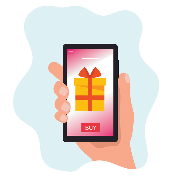 手持手机，屏幕上显示礼品盒，在线订购礼品。矢量插画图片下载