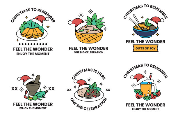 六张圣诞主题的食物图片，每张上面都戴着圣诞帽图片下载