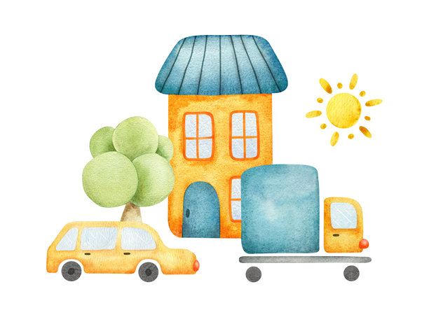 城市景观，有汽车、房屋、树木和太阳。孤立的水彩插画，以儿童风格手绘。为婴儿送礼卡、儿童房、海报、生日、纺织品设计的彩色布置。图片下载