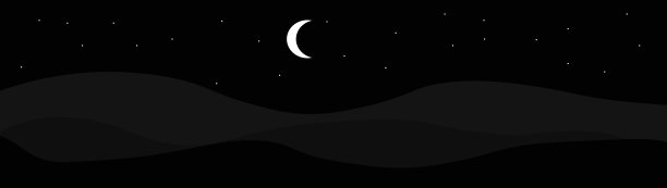 夜景，天空中挂着一弯月亮，远处是山峦的景观，可用作背景插画。图片下载