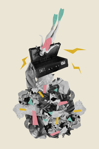 趋势横幅艺术作品，女孩潜水员的水下照片拼贴画，手提箱，垃圾，环境破坏，灾难，假期图片下载