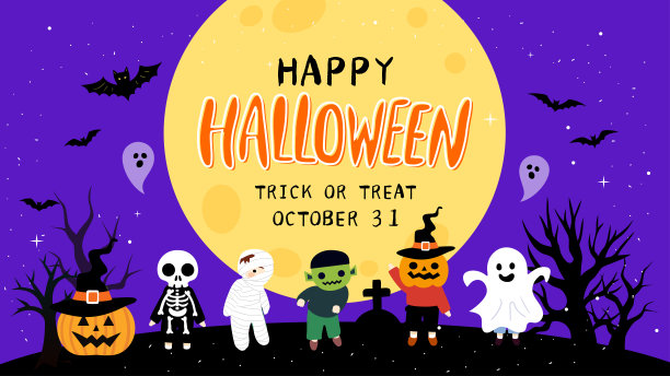 万圣节主题人物情感插画。网页卡片横幅，背景有南瓜和蝙蝠，可爱，适合节日邀请函图片下载