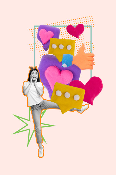 横幅流行艺术3D照片拼贴，一个快乐的女孩做出类似博主通知的反应，流行内容气泡对话图片下载