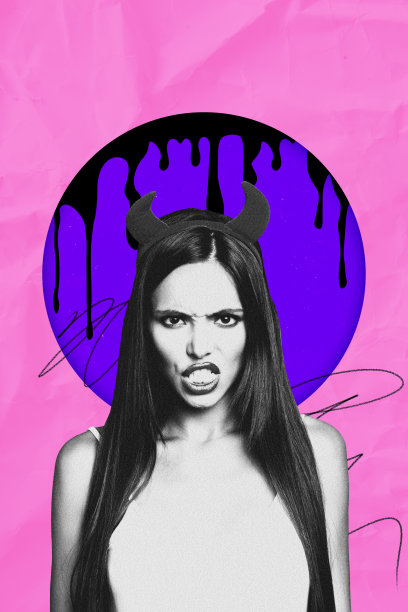 一张愤怒的恶魔女孩戴着角头饰的素描竖幅照片拼贴，用于假面舞会万圣节派对庆祝活动，鬼魅季节图片下载