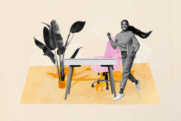 垂直拼贴艺术手绘风格的快乐女商人在办公室奔跑，背景是桌子、花草、家具和经理的职业场景。图片下载