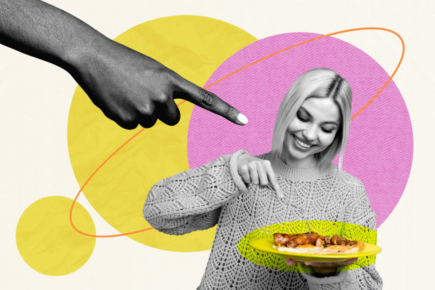手绘艺术图像海报 3D 横幅拼贴 快乐女孩手拿盘子 叉子 煎蛋 肉类 营养 手指 指向 健康生活方式图片下载