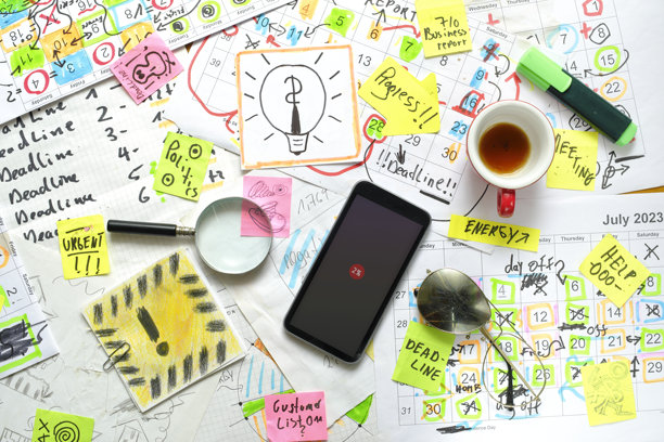 凌乱工作台上的日历、商务约会和截止日期、钢笔、咖啡杯、智能手机和文件。商业概念，争分夺秒，过度劳累，压力。免费复制空间。素材照片图片下载