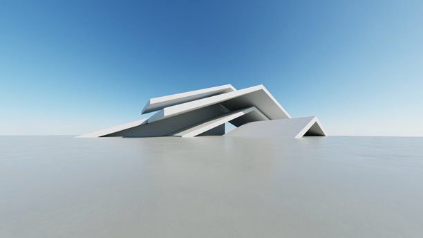 抽象现代建筑背景3D插画，极简几何建筑设计，带空旷混凝土地板的汽车展示背景，白色几何块建筑设计图片下载