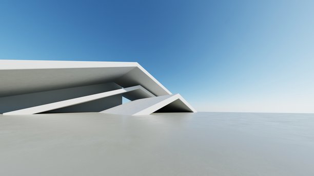 抽象现代建筑背景的三维插画，极简几何建筑设计，带有空旷混凝土地面的汽车展示背景，几何白色方块建筑设计图片下载