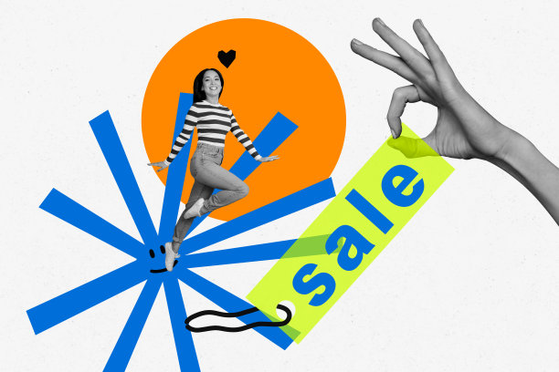 3D流行杂志风格插画拼贴，一个快乐的女孩跳跃，展示爱心图标和OK手势，关于黑色星期五促销、消费主义和购物。图片下载