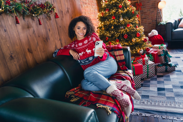 照片上的人坐在一张舒适的沙发上，手里拿着智能手机，背景是圣诞节时期的室内公寓，看起来悠闲又迷人。图片下载