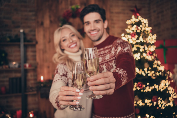 照片：时髦情侣在室内新年场景中，身穿红色毛衣，手持酒杯敬酒，背景靠近常青树。图片下载