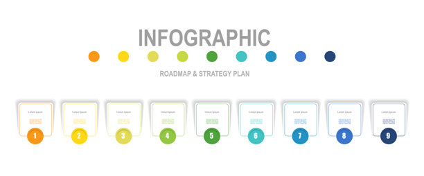 商务概念，包含9个步骤的信息图，矩形带有多色标签，适用于工作流程布局、图表、年度报告、网页设计。矢量插画图片下载