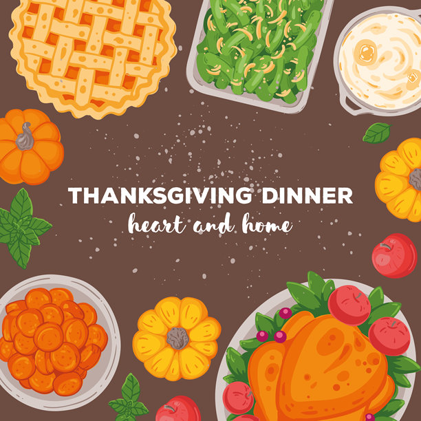 感恩节家庭晚餐。手绘扁平风格。俯视矢量图。节日晚餐，有火鸡、土豆、苹果派、蔬菜和水果。秋季美食。图片下载