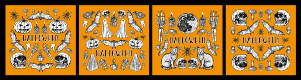 万圣节贺卡设计合集 - 素描轮廓插画。雕刻风格的黑猫、蝙蝠、骷髅、月亮、蜡烛、南瓜图画。手绘矢量线稿，贴纸图片下载