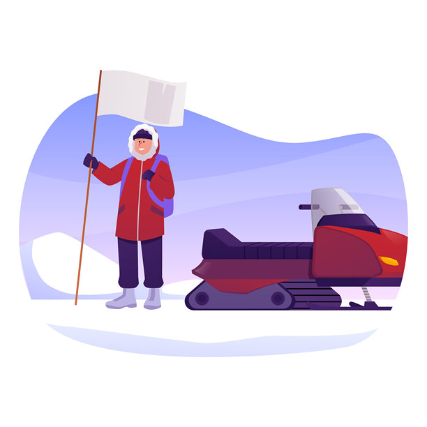 北极探险，极地考察，身着保暖冬季服装、手持旗帜和雪地摩托的矢量科学家探险家形象图片下载