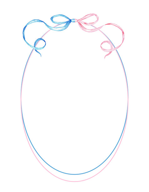 优雅的粉色和蓝色椭圆形相框，带有蝴蝶结，适用于装饰设计和庆祝主题。水彩插画。适用于性别揭晓派对、婴儿派对、生日、洗礼、男孩或女孩派对。孤立的。图片下载