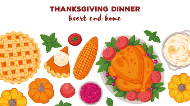 感恩节，家庭晚餐。手绘扁平风格。俯视矢量图。节日晚餐，有火鸡、土豆、苹果派、蔬菜和水果。秋季美食。图片下载