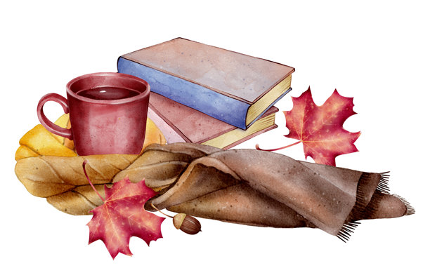水彩秋季静物插画，包含书籍和杯子图片下载
