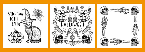 万圣节贺卡和框架设计 - 素描轮廓插画，带有文字短语。骷髅、蝙蝠、蜘蛛、南瓜的雕刻风格绘画。手绘矢量线稿、贴纸、海报图片下载