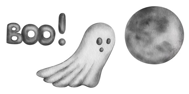 水彩插画。万圣节素材。手绘黑白飞行的鬼魂、幽灵、恶作剧鬼，带有面部表情。手写文字“Boo”，满月。万圣节前夜。图片下载