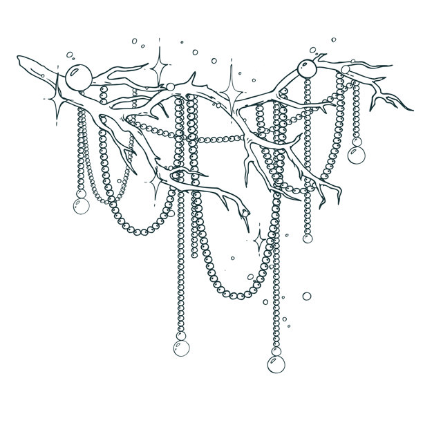 一根没有叶子的树枝的艺术构图，配有优雅的珠串和微妙的星光。这幅多功能的、手绘的插画非常适合用于婚礼请柬和极简主义品牌设计。图片下载