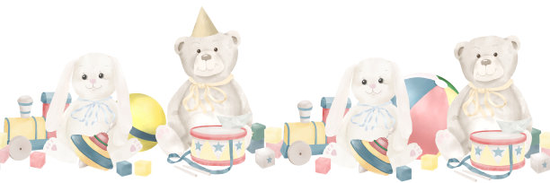 泰迪熊和兔子，鼓和球，无缝边框。水彩插画。飞机和立方体，儿童玩具，孤立在白色背景上。适用于儿童派对、生日和纺织品印花。图片下载