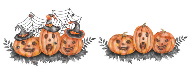 水彩插画。万圣节南瓜套装。手绘雕刻的橙色南瓜，带有黑色叶子、巫师帽、蜘蛛网、蜘蛛。杰克灯笼。万圣节前夜。图片下载