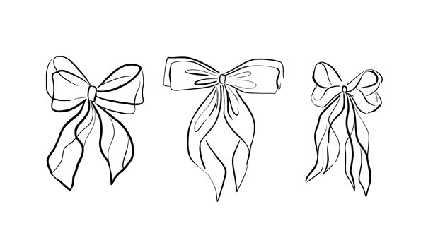 一套优雅的装饰蝴蝶结。线条艺术矢量插画，快速俏皮的草图风格。独立的剪贴画。非常适合礼品包装、节日贺卡、请柬、手工艺品、复古设计项目。图片下载